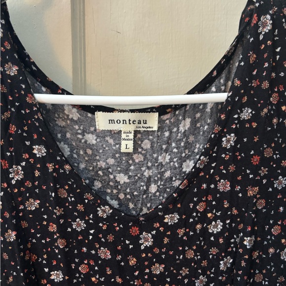 Black flower dress with ties in back Monteau size Large - Picture 3 of 10